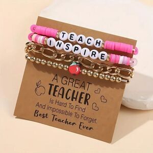 Teach Inspire Bracelet Stack – 4pc Pink White Gold Gift Set for Teachers